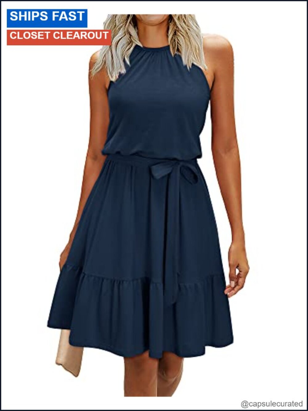 Halter Neck Belted A-Line Sundress with Pockets Ruffle Hem